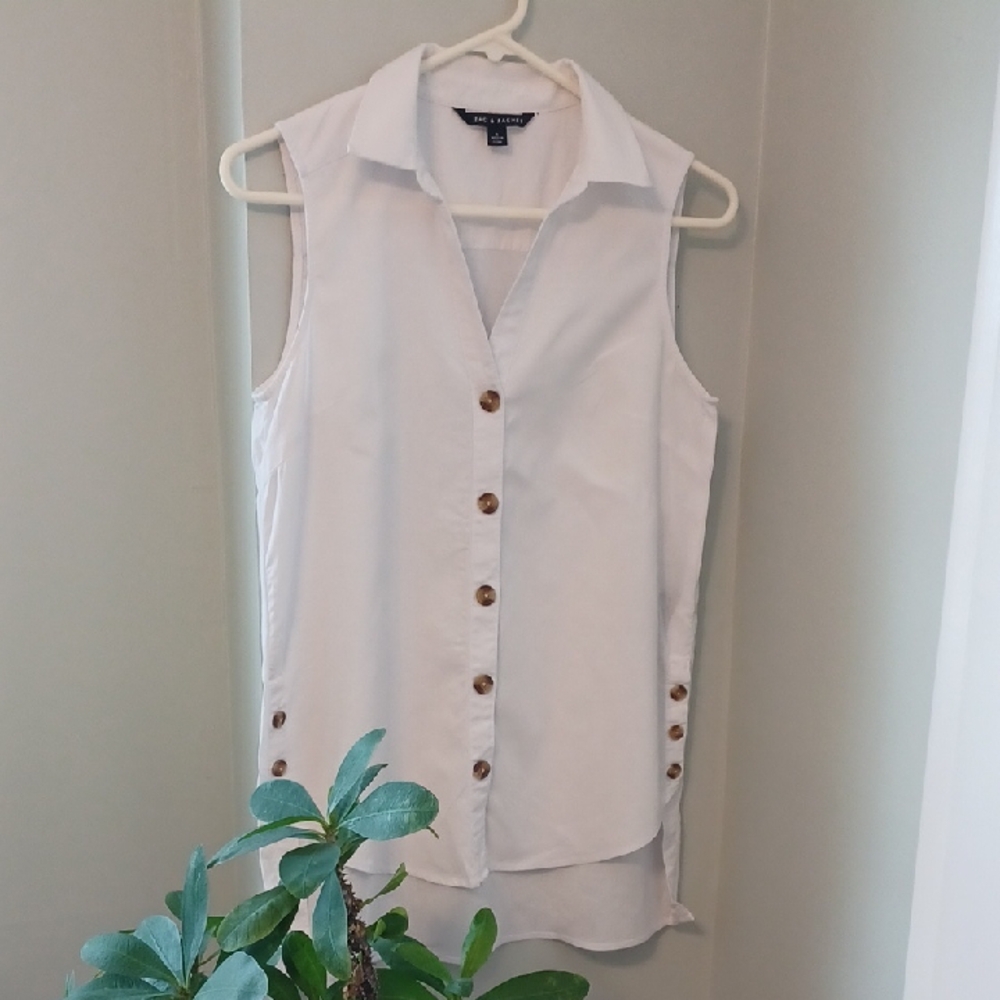 Zac & Rachel Sz S, pure White Sleeveless, Linen Blend Button-Down Blouse.